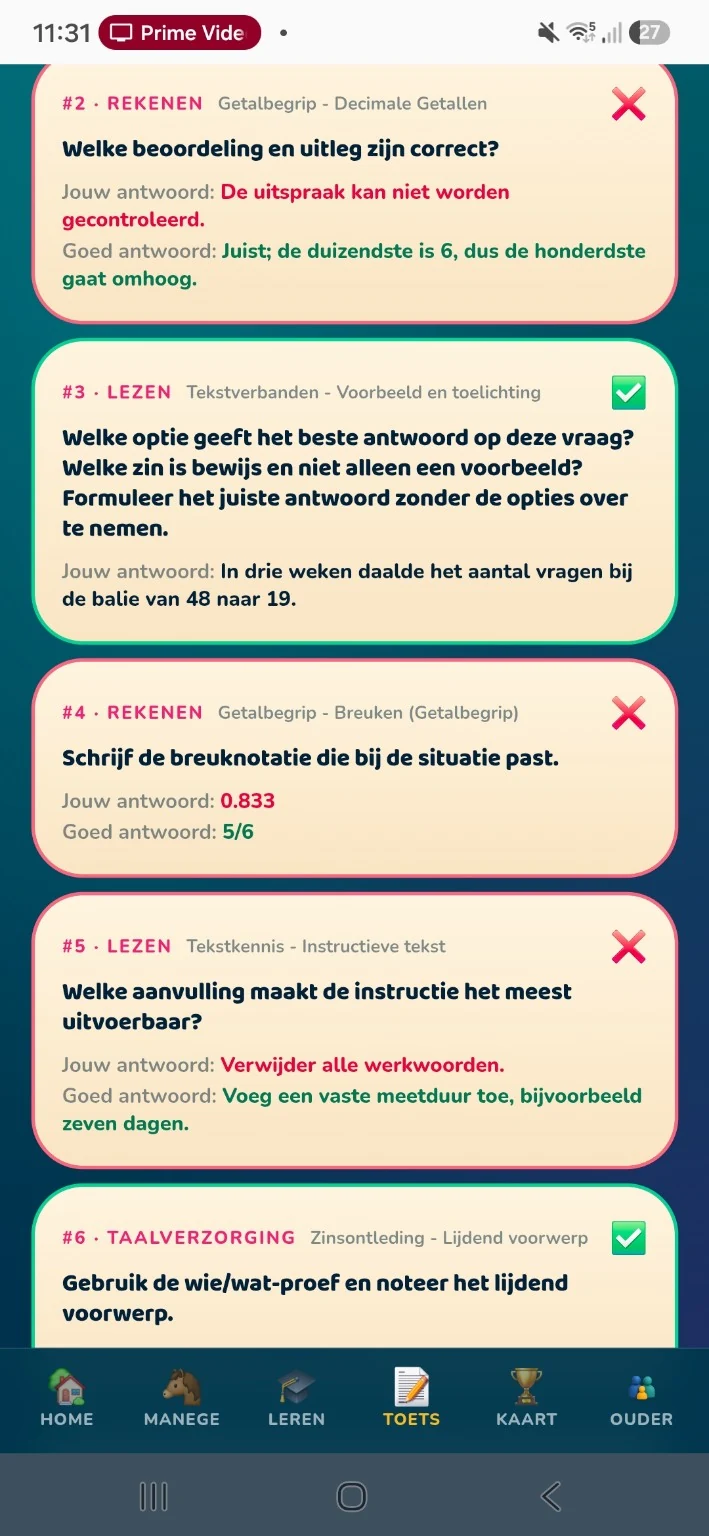 Terugkijken op toetsvragen met goede antwoorden en uitleg