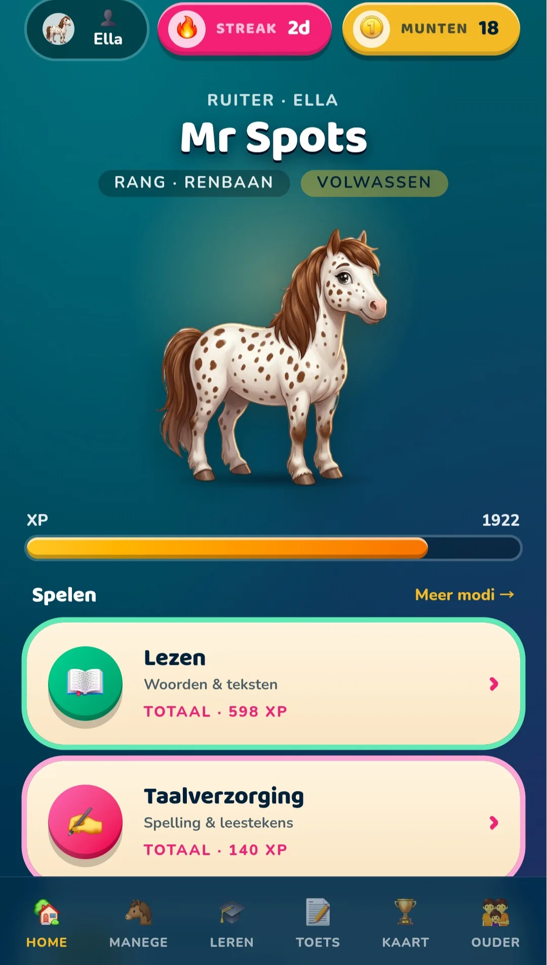 In Galop &mdash; thuisscherm met Mr Spots, streak en munten