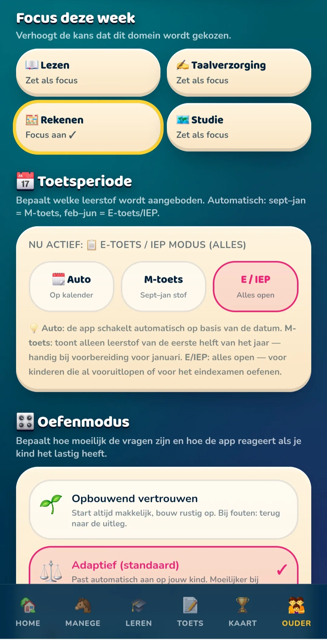 Ouder scherm focus en toetsperiode