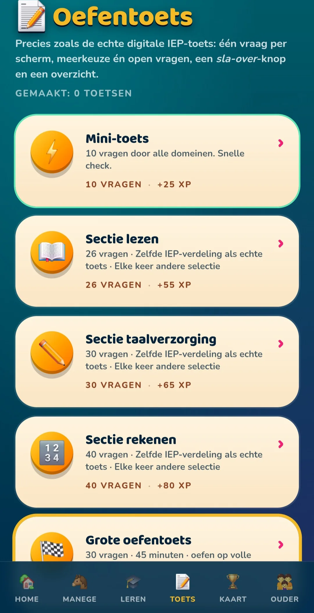 Oefentoets menu
