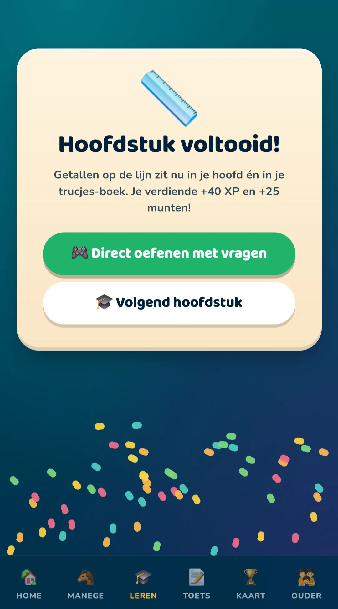 Hoofdstuk voltooid! scherm met confetti, XP en munten