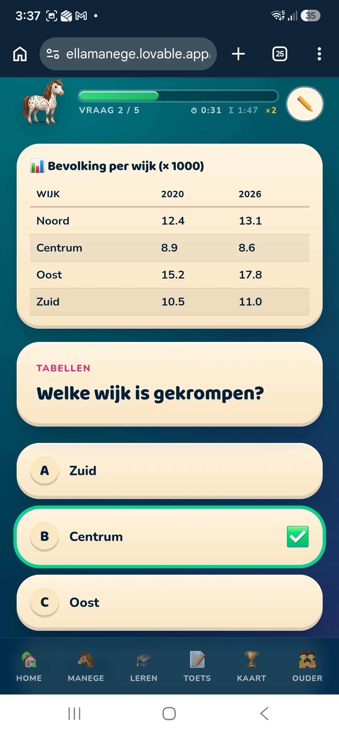 Oefenvraag in de app met meerkeuze antwoorden en een pony in de header