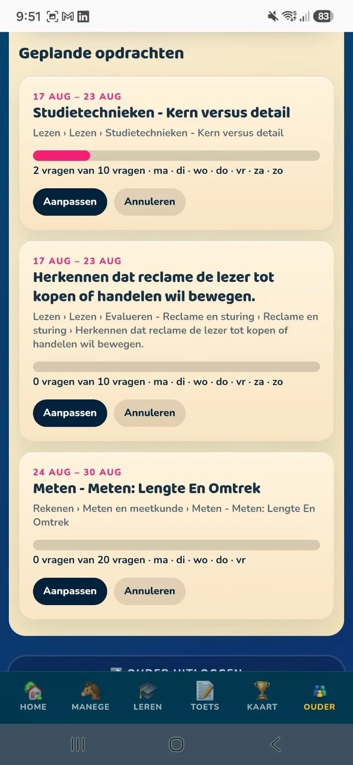 Overzicht van geplande Weekplan-opdrachten en voortgang