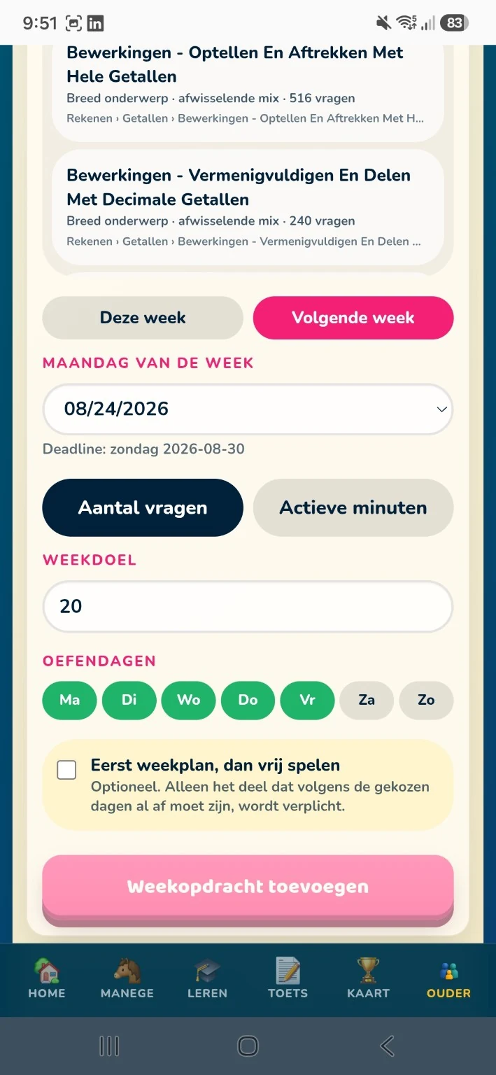 Ouder kiest week, hoeveelheid en oefendagen voor een Weekplan-opdracht